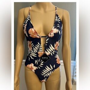 ZAFUL Size L (8) Blue Floral One-Piece Swimsuit NWT